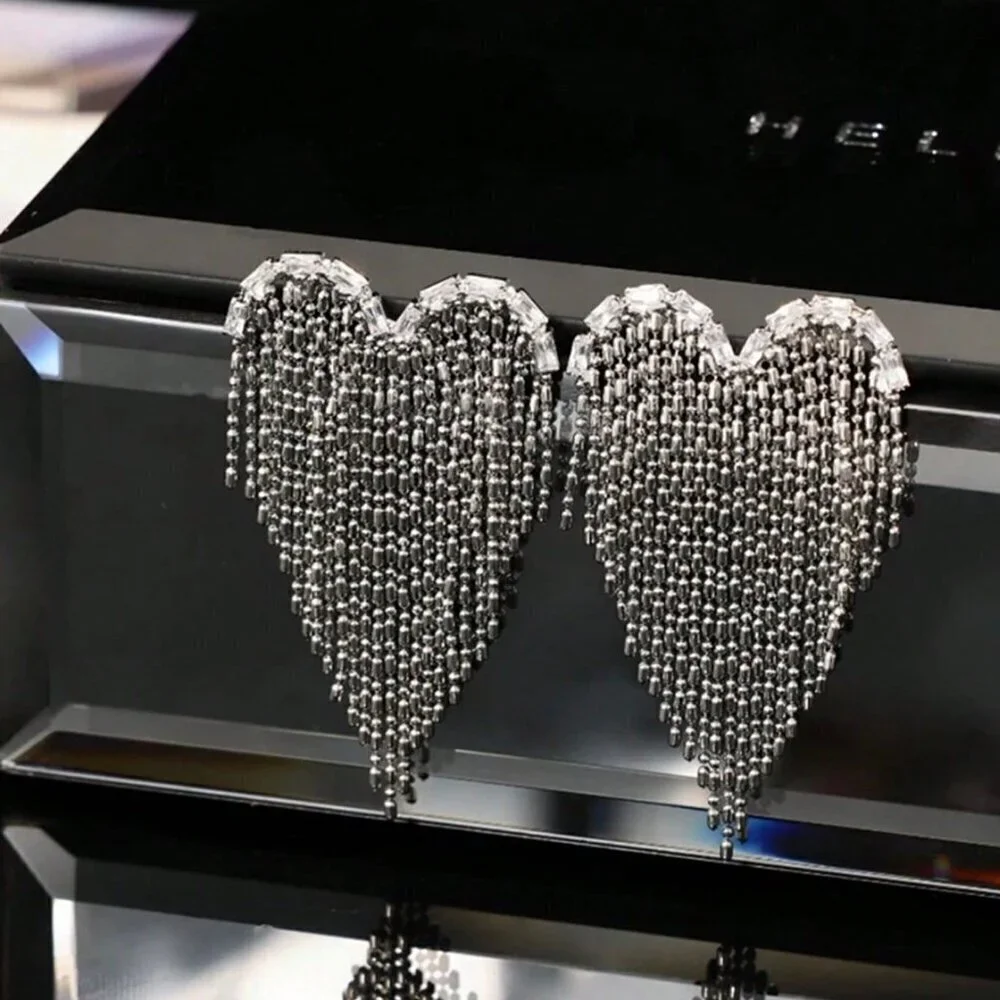 Silver Casual Women's Heart Shaped Rhinestone & Tassel Earrings